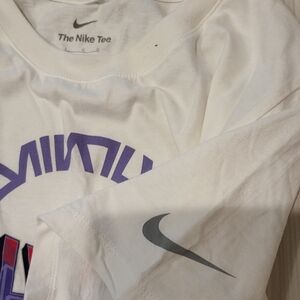 Nike White Kids' Tee with Purple Graphic and Gray Swoosh